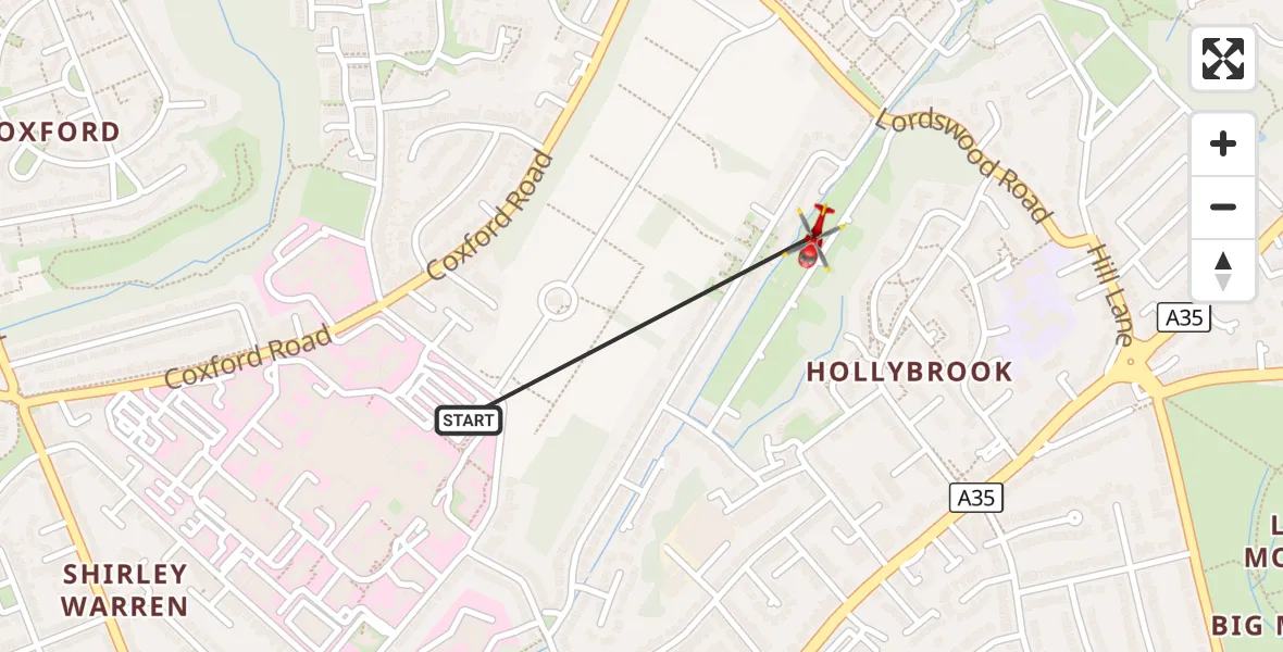 Flight route Air Ambulance Helicopter University Hospital Southampton - Hollybrook, 17 August 2026, 17:39