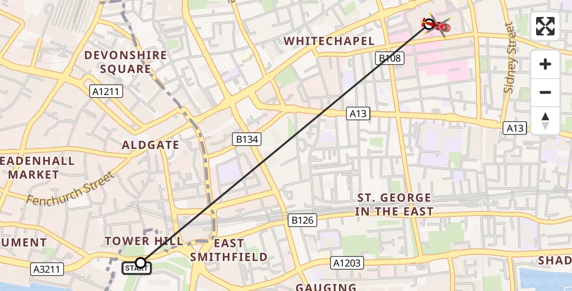 Flight route Air Ambulance Helicopter Whitechapel - Royal London Hospital, 17 August 2026, 17:45