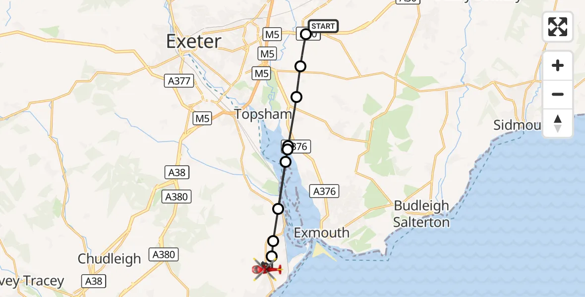 Flight route Air Ambulance Helicopter Exeter International Airport - Dawlish, 17 August 2026, 17:54