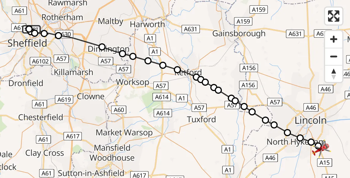 Flight route Air Ambulance Helicopter Sheffield Northern Hospital - North Kesteven, 17 August 2026, 17:55