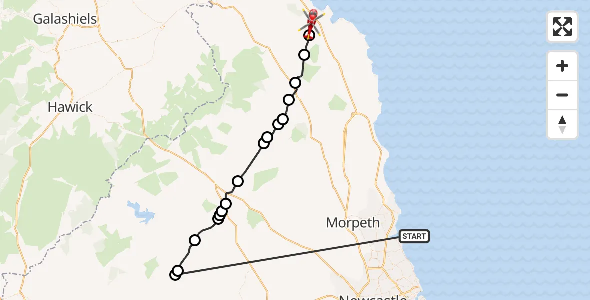 Flight route Air Ambulance Helicopter North Sea - Belford, 17 August 2026, 17:58