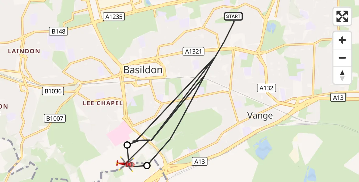 Flight route Air Ambulance Helicopter Basildon - Essex, 17 August 2026, 18:05