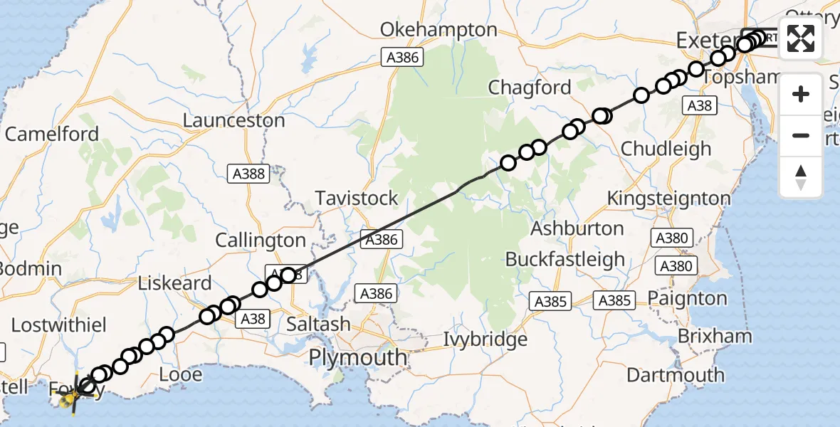 Flight route Police Helicopter Exeter International Airport - Fowey, 17 August 2026, 18:07