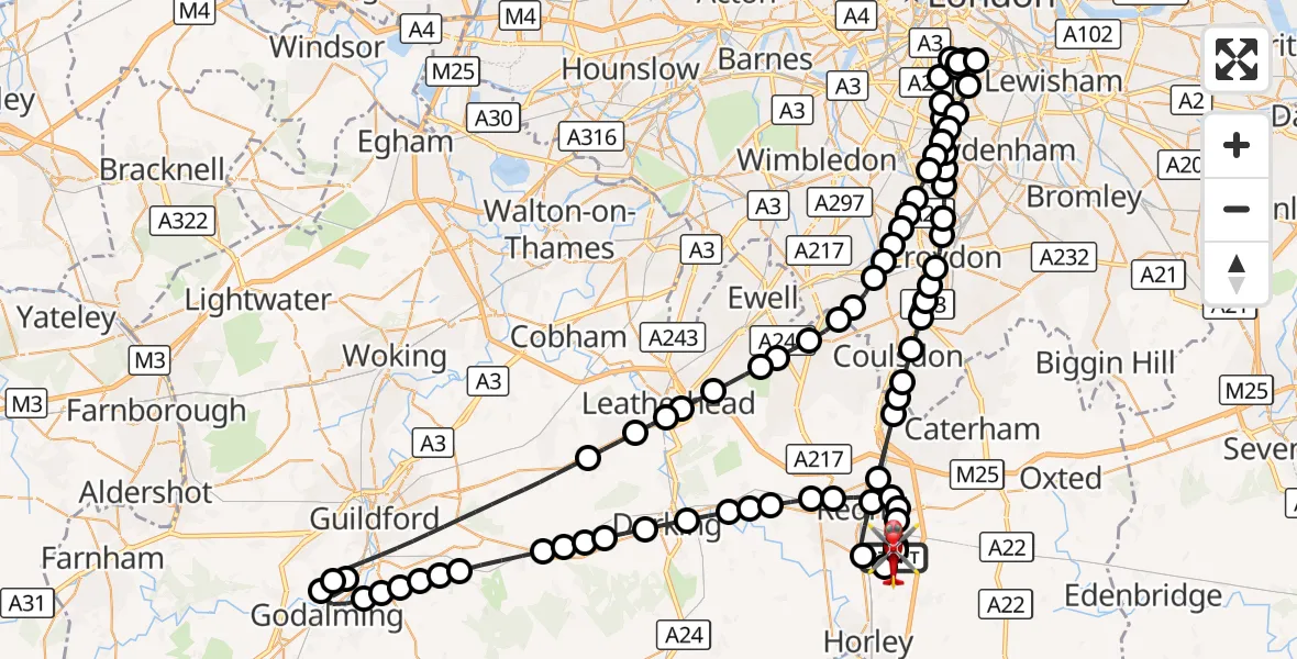 Flight route Air Ambulance Helicopter Redhill Aerodrome - Redhill Aerodrome, 17 August 2026, 18:08