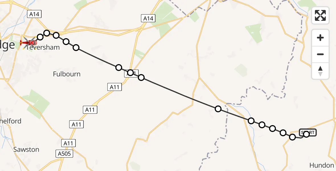 Flight route Air Ambulance Helicopter Stradishall - Cambridge City Airport, 17 August 2026, 18:20