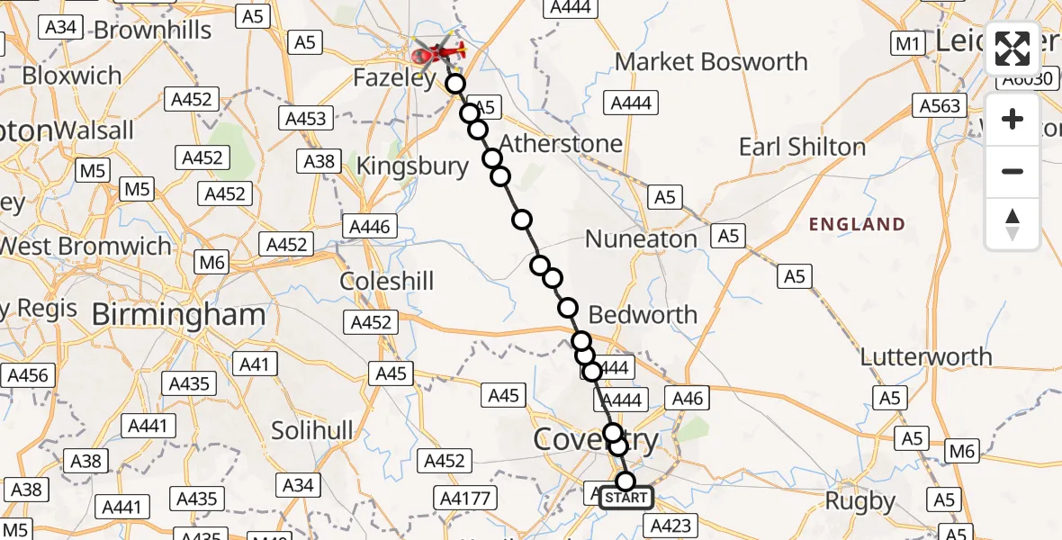 Flight route Air Ambulance Helicopter Coventry Airport - Tamworth, 17 August 2026, 18:21