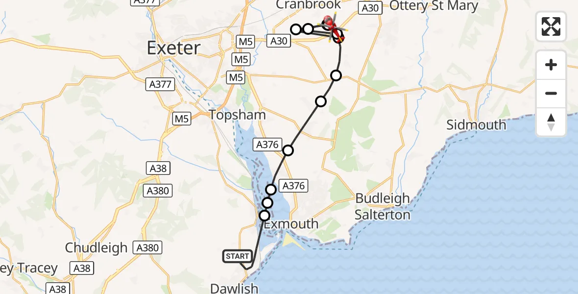 Flight route Air Ambulance Helicopter Dawlish - Aylesbeare, 17 August 2026, 18:29