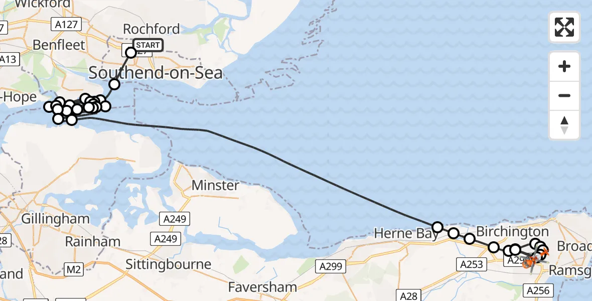 Flight route Coastguard Helicopter London Southend Airport - Manston Airport, 17 August 2026, 18:29