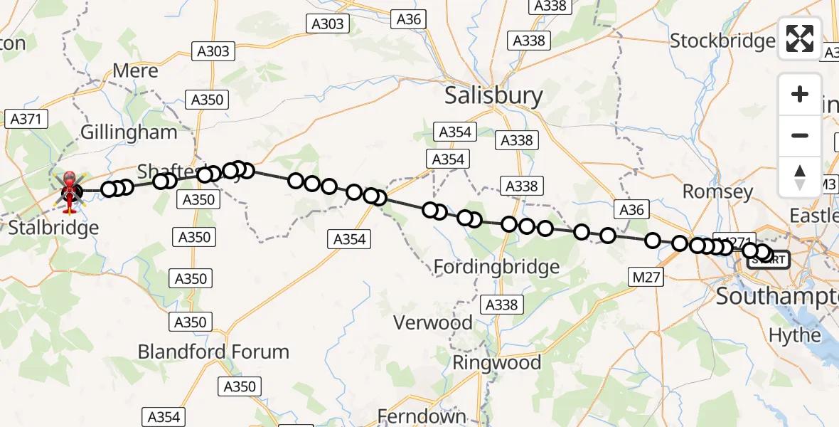 Flight route Air Ambulance Helicopter University Hospital Southampton - Henstridge Airfield, 17 August 2026, 18:51