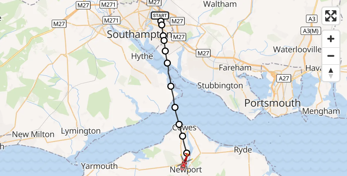 Flight route Air Ambulance Helicopter Eastleigh - Newport, 17 August 2026, 18:51