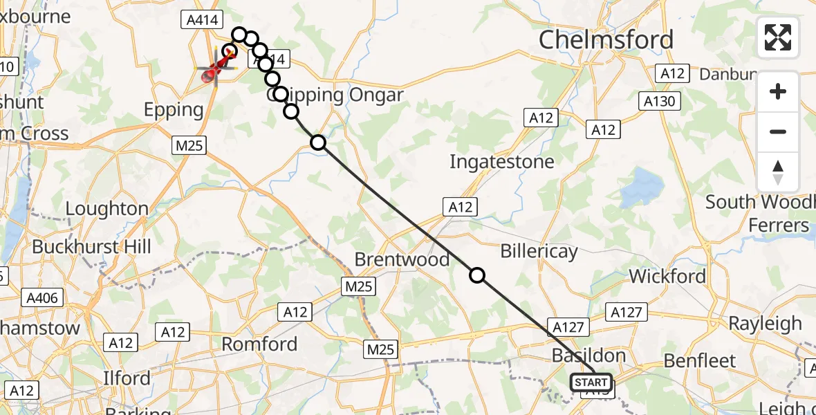 Flight route Air Ambulance Helicopter Basildon - North Weald Airfield, 17 August 2026, 18:58