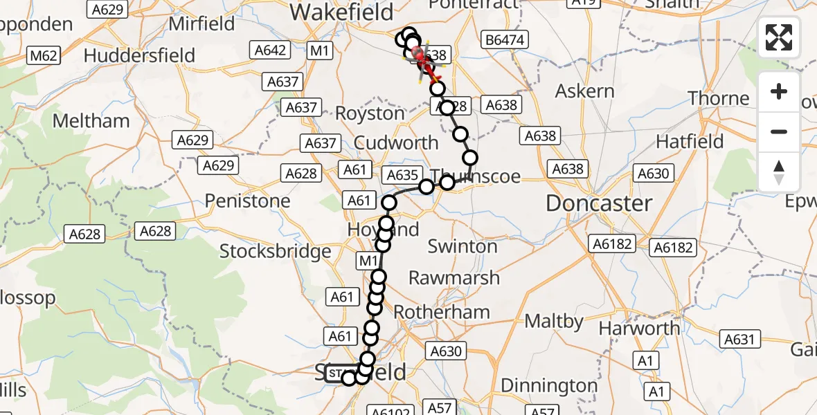 Flight route Air Ambulance Helicopter Sheffield Childrens Hospital - Hemsworth, 17 August 2026, 19:01