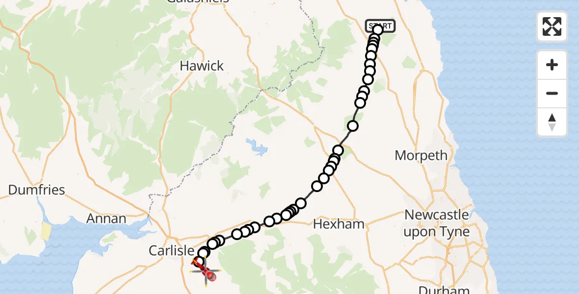 Flight route Air Ambulance Helicopter Chatton - Wetheral, 17 August 2026, 19:06
