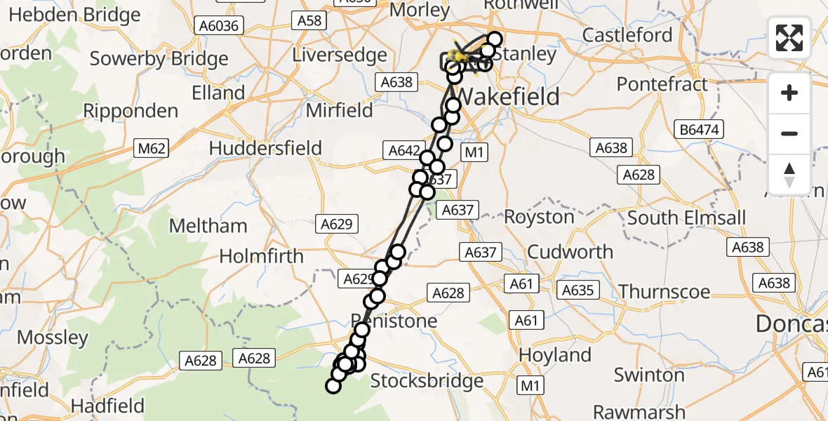Flight route Police Helicopter East Ardsley - Wrenthorpe, 17 August 2026, 19:10
