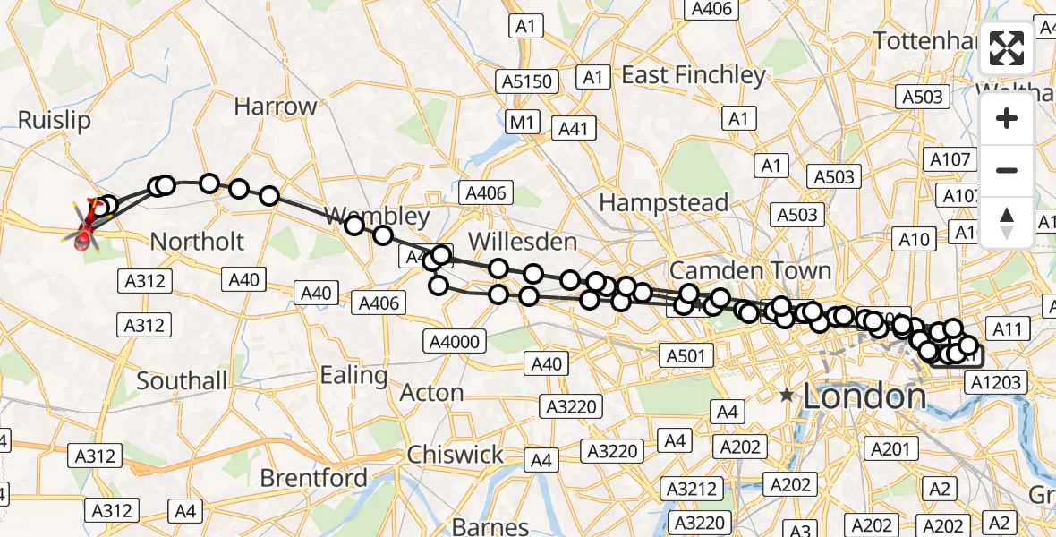 Flight route Air Ambulance Helicopter Royal London Hospital - RAF Northolt, 17 August 2026, 19:18