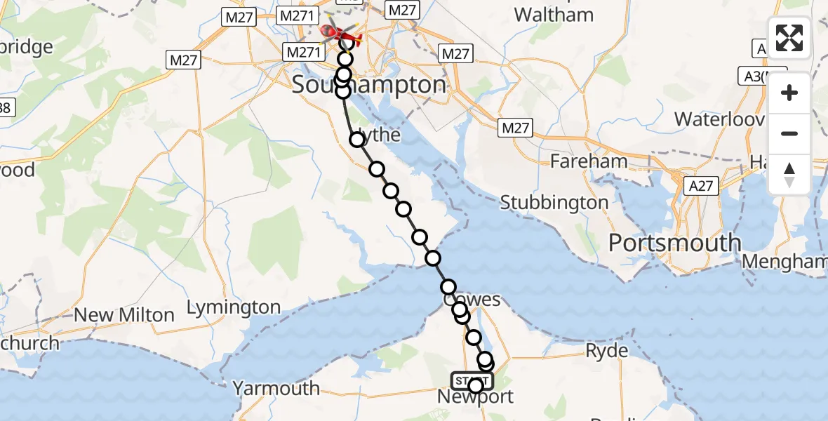 Flight route Air Ambulance Helicopter St Marys Hospital Isle Of Wight - University Hospital Southampton, 17 August 2026, 19:29