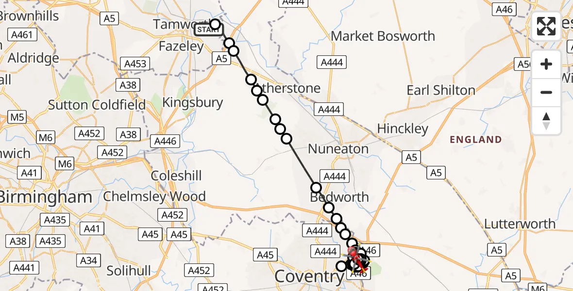 Flight route Air Ambulance Helicopter Tamworth - University Hospital Coventry, 17 August 2026, 19:30
