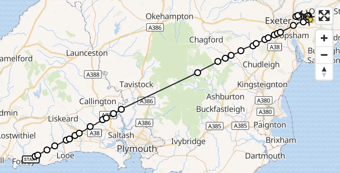 Flight route Police Helicopter Lanteglos - Exeter International Airport, 17 August 2026, 19:34