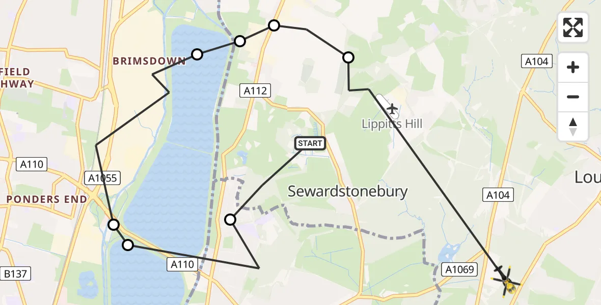 Flight route Police Helicopter Sewardstonebury - Loughton, 17 August 2026, 19:57