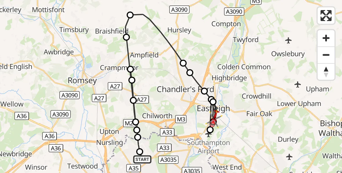 Flight route Air Ambulance Helicopter University Hospital Southampton - Eastleigh, 17 August 2026, 20:02