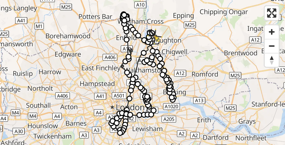 Flight route Police Helicopter Chingford - Sewardstonebury, 17 August 2026, 20:16