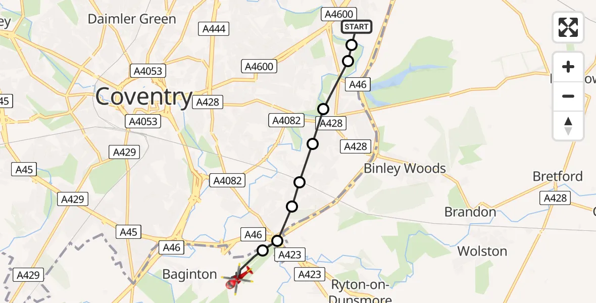 Flight route Air Ambulance Helicopter University Hospital Coventry - Coventry Airport, 17 August 2026, 20:35