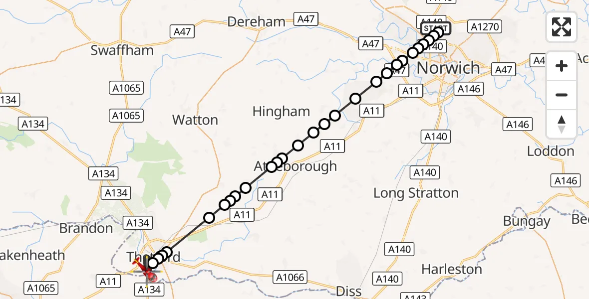 Flight route Air Ambulance Helicopter Norwich Airport - Thetford, 17 August 2026, 20:52