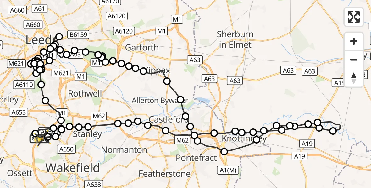 Flight route Police Helicopter East Ardsley - Wrenthorpe, 17 August 2026, 21:19