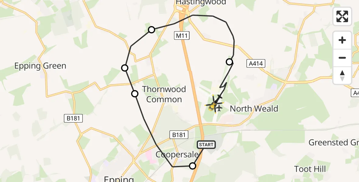 Flight route Police Helicopter Coopersale - North Weald Airfield, 17 August 2026, 21:20