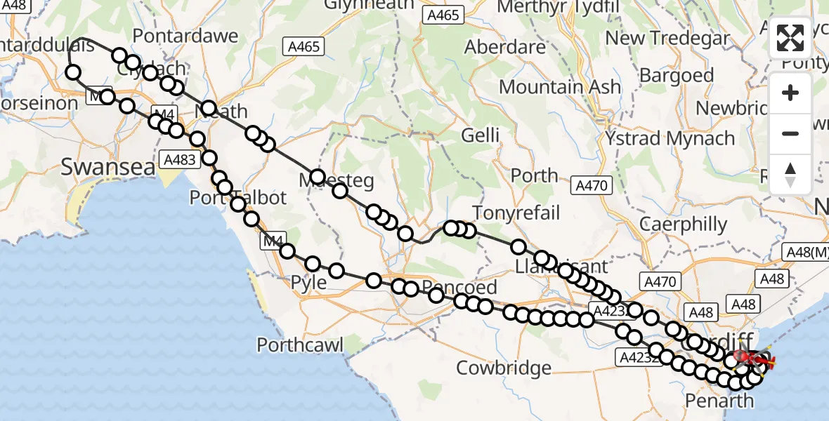 Flight route Air Ambulance Helicopter Cardiff Heliport - Cardiff Heliport, 17 August 2026, 21:24