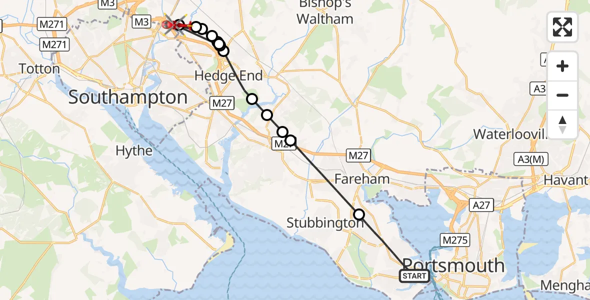 Flight route Air Ambulance Helicopter Gosport - Southampton Airport, 17 August 2026, 21:26