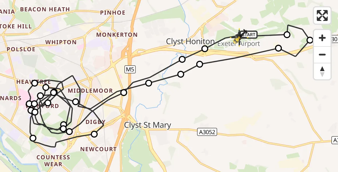 Flight route Police Helicopter Exeter International Airport - Exeter International Airport, 17 August 2026, 21:32