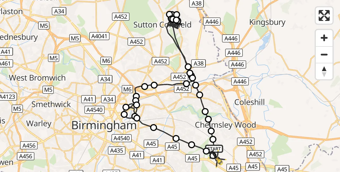 Flight route Police Helicopter Birmingham Airport - Birmingham Airport, 17 August 2026, 22:00