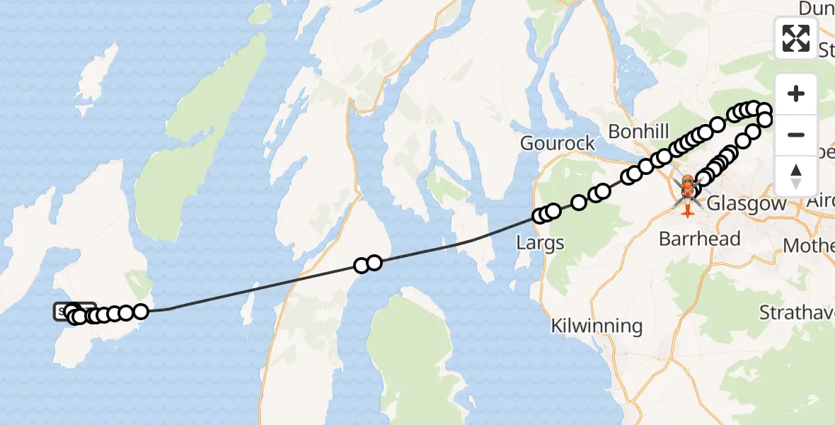 Flight route Coastguard Helicopter Islay Airport - Glasgow Airport, 17 August 2026, 22:21