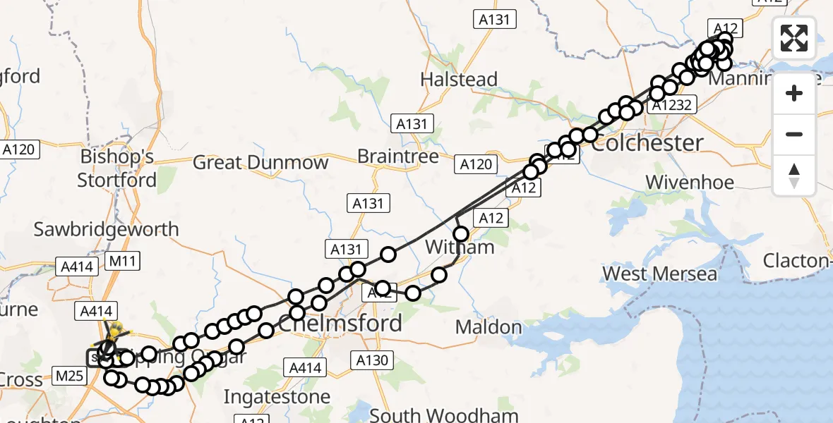 Flight route Police Helicopter Coopersale - North Weald Airfield, 17 August 2026, 23:37