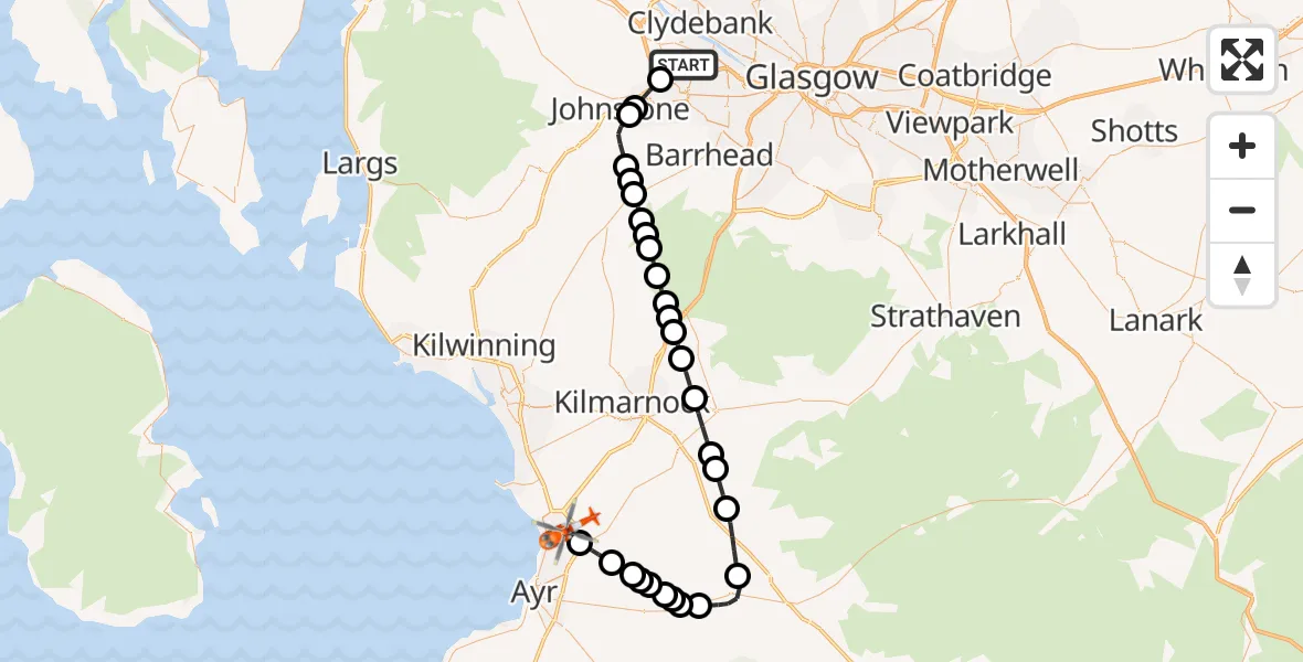 Flight route Coastguard Helicopter Glasgow Airport - Glasgow Prestwick Airport, 17 August 2026, 23:55