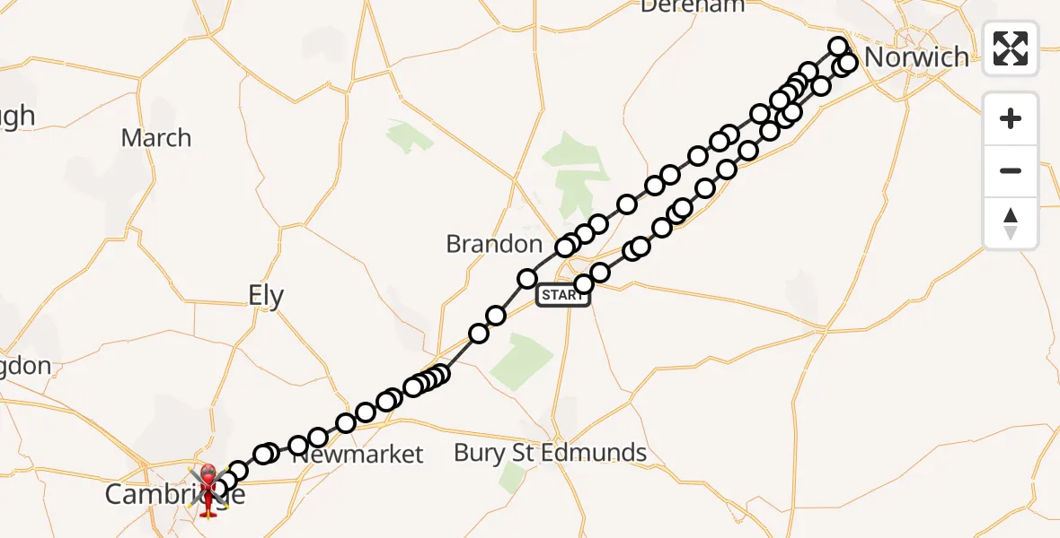 Flight route Air Ambulance Helicopter Thetford - Cambridge City Airport, 18 August 2026, 00:01