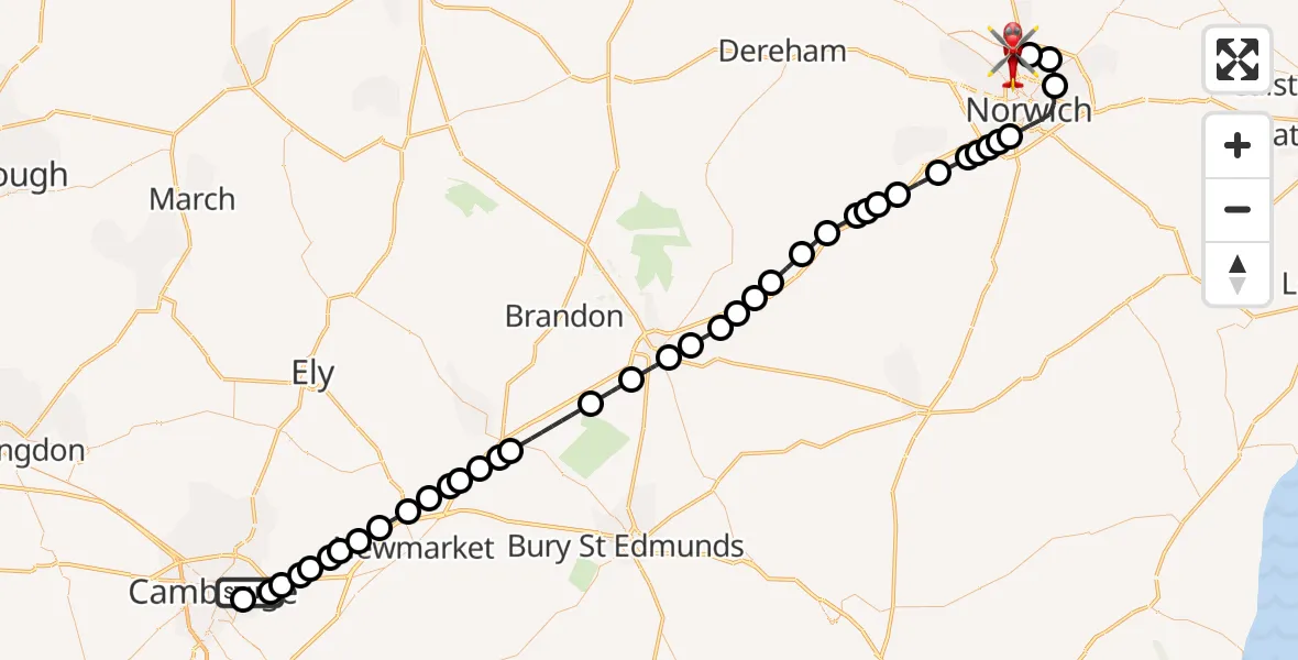 Flight route Air Ambulance Helicopter Cambridge City Airport - Norwich Airport, 18 August 2026, 04:42