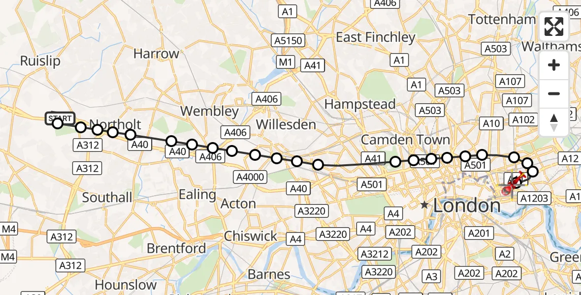 Flight route Air Ambulance Helicopter RAF Northolt - Royal London Hospital, 18 August 2026, 06:40