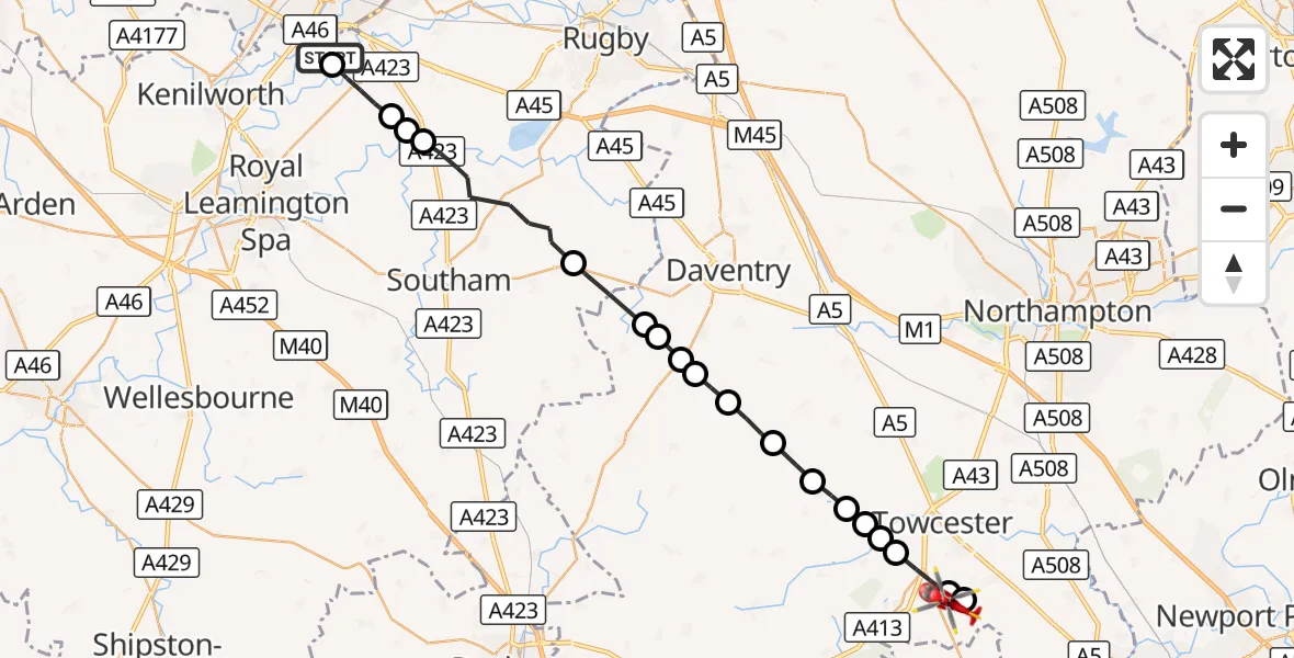 Flight route Air Ambulance Helicopter Coventry Airport - Whittlebury, 18 August 2026, 06:52