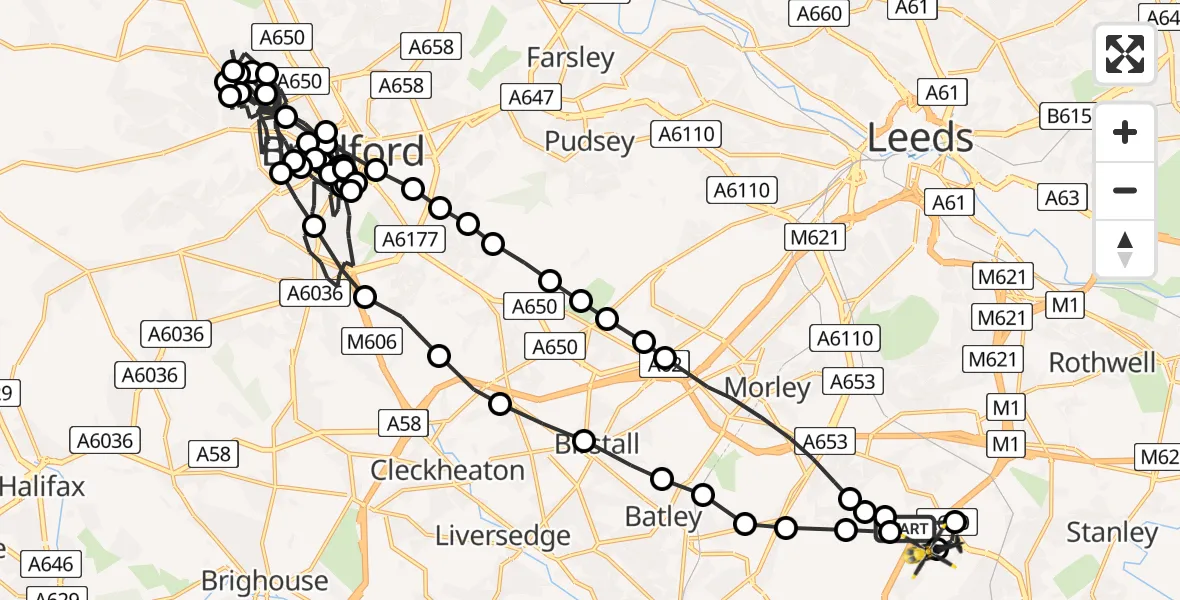 Flight route Police Helicopter East Ardsley - Wrenthorpe, 18 August 2026, 07:20