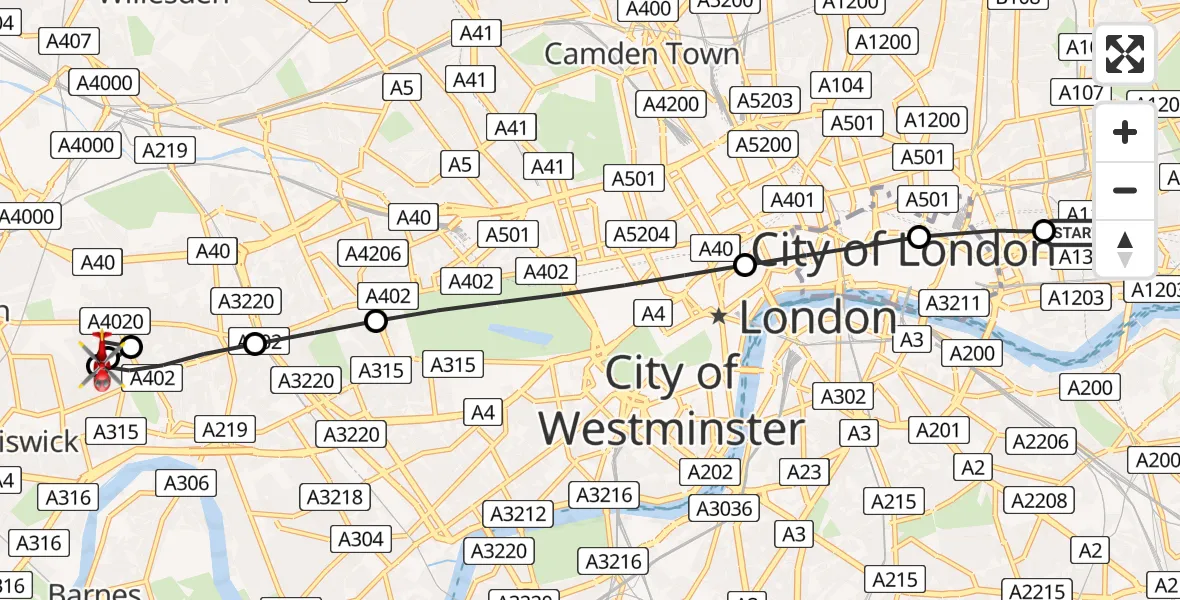 Flight route Air Ambulance Helicopter Royal London Hospital - Hammersmith, 18 August 2026, 07:30