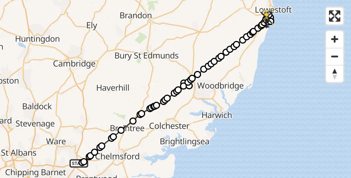 Flight route Police Helicopter Woodhatch - Gisleham, 18 August 2026, 07:33