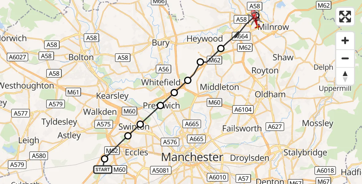 Flight route Air Ambulance Helicopter Manchester Barton Aerodrome - Milnrow, 18 August 2026, 07:40