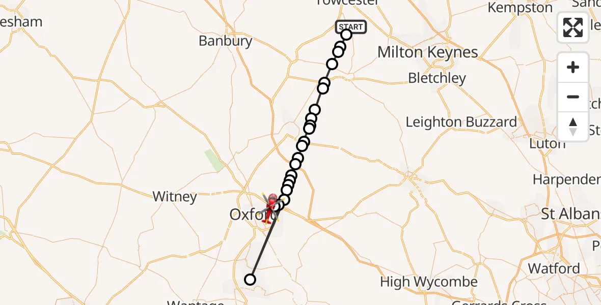 Flight route Air Ambulance Helicopter Whittlebury - Oxford, 18 August 2026, 07:57