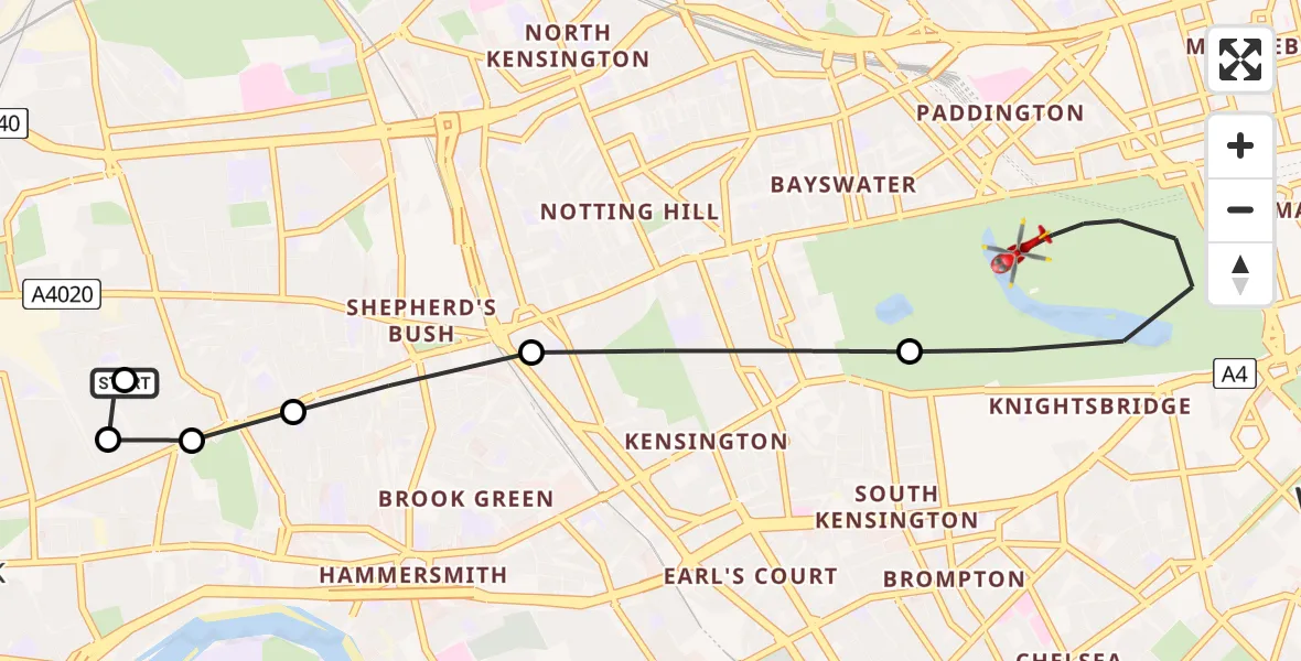 Flight route Air Ambulance Helicopter Hammersmith - City of Westminster, 18 August 2026, 08:14