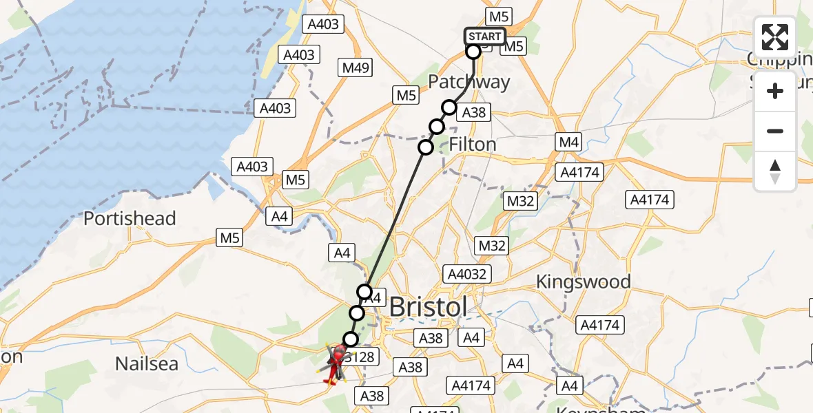 Flight route Air Ambulance Helicopter Almondsbury Helicopter Base - Long Ashton, 18 August 2026, 08:22