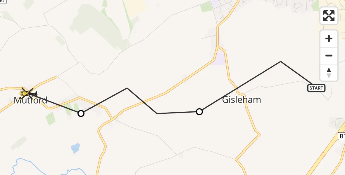 Flight route Police Helicopter Gisleham - Mutford, 18 August 2026, 08:34