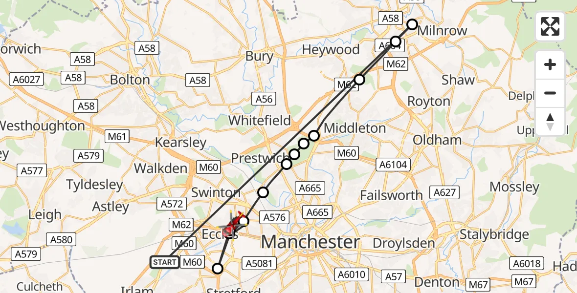 Flight route Air Ambulance Helicopter Manchester Barton Aerodrome - Eccles, 18 August 2026, 08:39