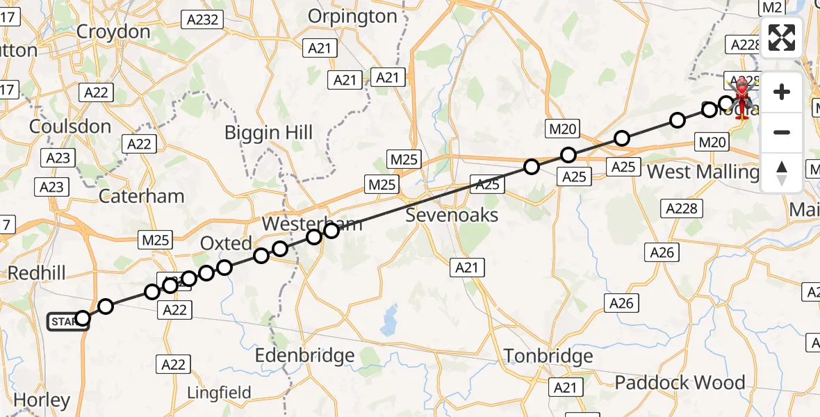 Flight route Air Ambulance Helicopter Redhill Aerodrome - Snodland, 18 August 2026, 08:46